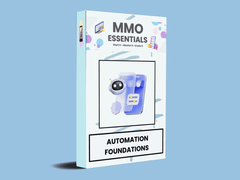 Automation Foundations workbook cover from MMO Essentials for beginners learning how to connect simple online systems. online business foundations