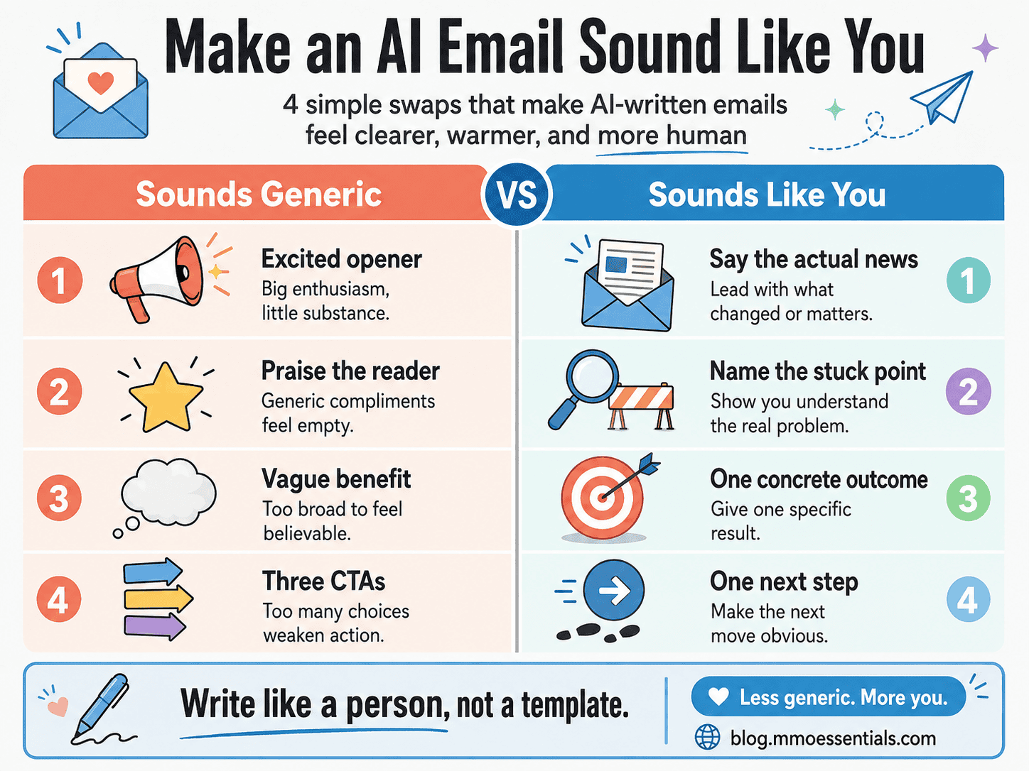 A four-row before and after showing how to fix generic AI email writing so it sounds like you.