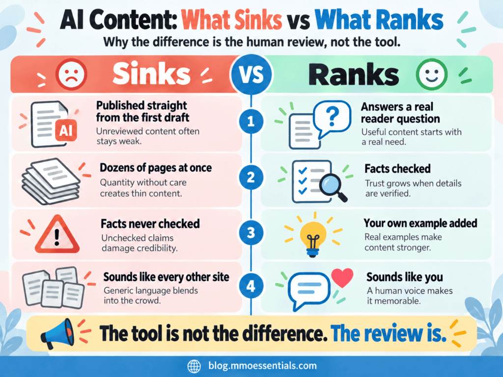 A comparison of AI content that sinks and AI content that ranks, answering is AI content bad for SEO.