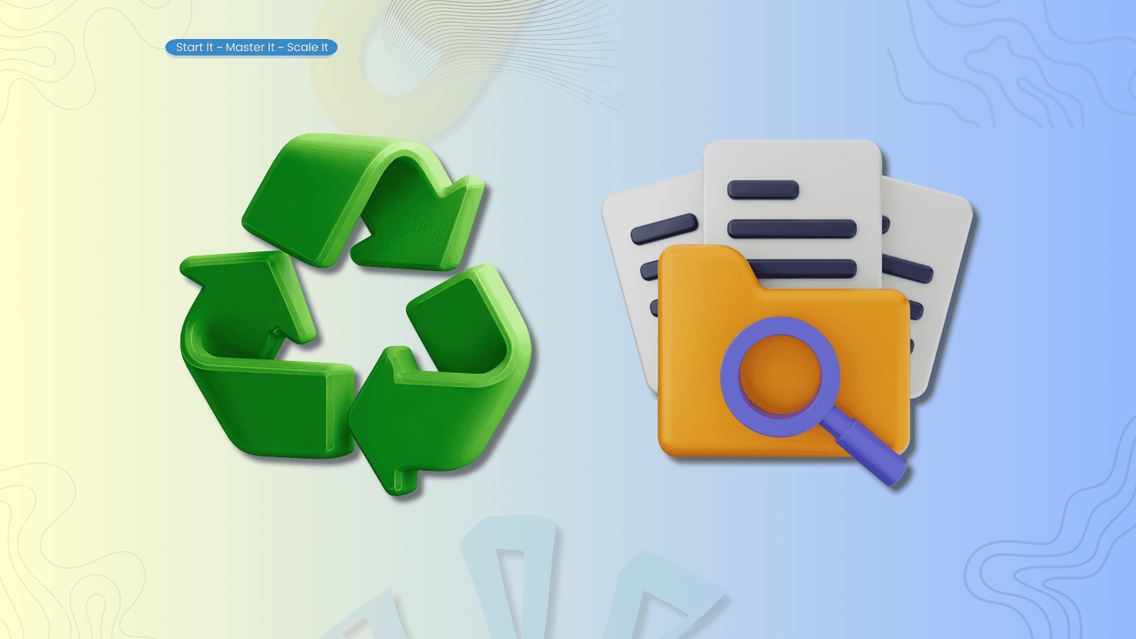 A loop of arrows next to an overflowing folder, used as the cover image for a post on building one AI workflow instead of collecting prompts.