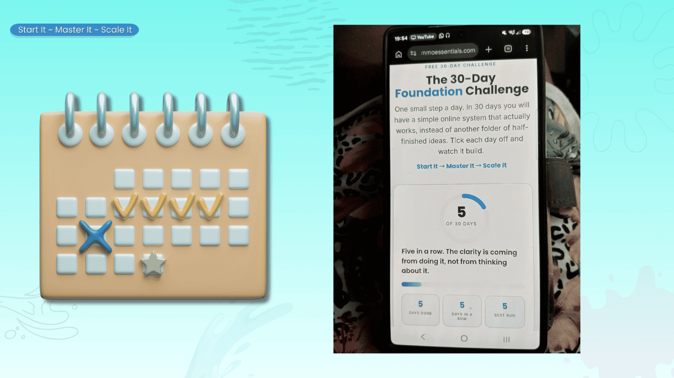 The 30-Day Foundation Challenge tracker open on a phone with days ticked off