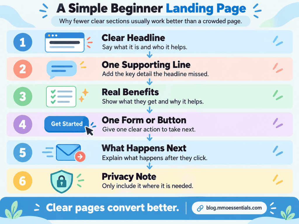 An infographic showing what a landing page includes, from headline to form, answering what is a landing page for beginners.